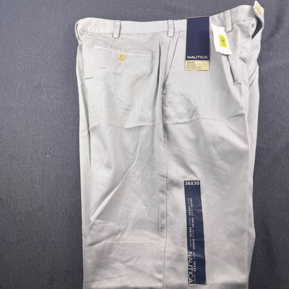 Nautica Mens 36x30 Classic Fit Pleated Cotton‎ Sateen Cuffed Dress Pants Grey